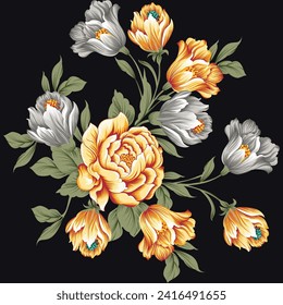 seamless vector flowers pattern and floral pattern on black background