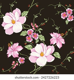 seamless vector flowers pattern on brown background