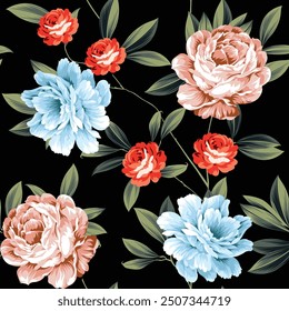 seamless vector flowers pattern on black background