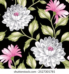 seamless vector flowers pattern on black background