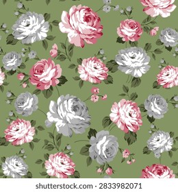 seamless vector flowers pattern on green background stock