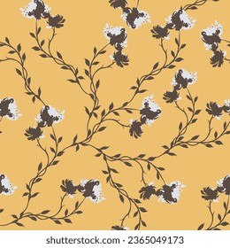 seamless vector flowers with small leaves pattern on yellow background