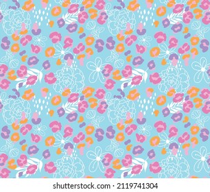 Seamless vector fluorescent floral leopard animal print surface pattern design for fabric, textile, packaging, web and social media.
