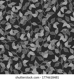 seamless vector foliage pattern, grey background pattern with apple tree branches on a black background