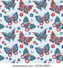 Seamless vector folk art pattern with moths, butterfly and flowers