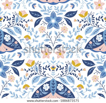 Seamless vector folk art pattern, moths and flowers Stock fotó © 