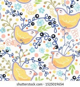 Seamless vector folk art style sugar bird pattern with cute bird in pastel tones. Funny and happy design for kids wear, nursery, home decor.