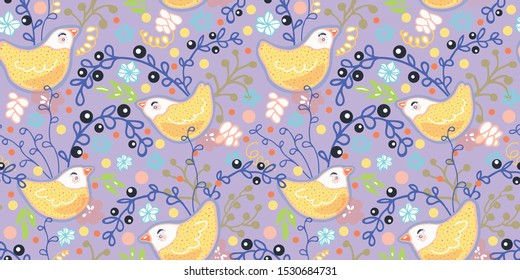 Seamless vector folk art style sugar bird pattern with cute bird couple in pastel tones. Funny and happy design for kids wear, nursery, home decor.