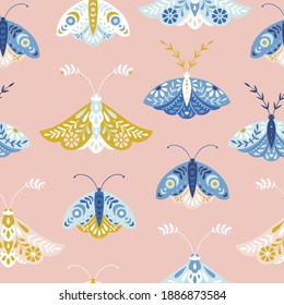 Seamless vector folk moths pattern on pink background