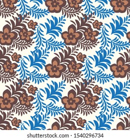 A seamless vector folk pattern with brown lowers and blue leaves. Feminine decorative surface print design.