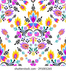 seamless vector folk pattern. Mexican, Polish wzory style, with decorative flowers and swirls. vector cut out elements in symmetric layout. 