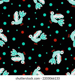 Seamless vector folklore pattern with white flying birds on black night background and blue red dots for cozy home textile and baby kids apparel. Geese and red berries.