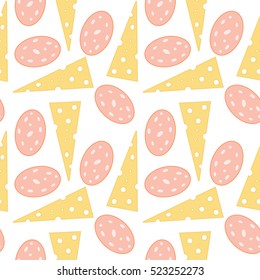 Seamless vector food background with slices of sausage and cheese. Texture for menu, kitchen and restaurant