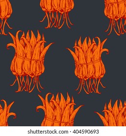 Seamless vector food pattern with bunch of yellow hot chilli peppers on grey . Ink drawn vector illustration in sketch style. 