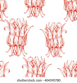 Seamless vector food pattern with bunch of red hot chilli peppers on white . Ink drawn vector illustration in sketch style. 