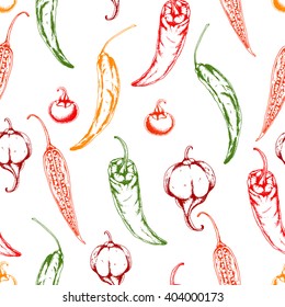 Seamless vector food pattern with colored hot chilli peppers on white . Ink drawn vector illustration in sketch style. 