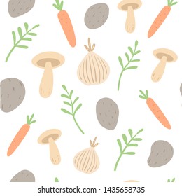 Seamless vector food pattern with colorful vegetables for textile, decor, banners. Organic healthy set of onion, carrot, potato, mushroom and greens isolated on white background