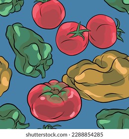 Seamless vector food pattern with different vegetables on blue background.