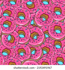 Seamless vector food pattern with donuts in pink glaze on a turquoise background 