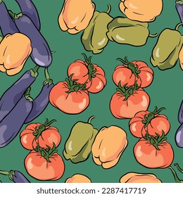Seamless vector food pattern with  farm vegetables on green background.