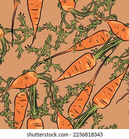 Seamless vector food pattern with garden carrots on brown-orange background.