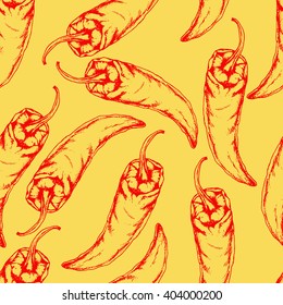 Seamless vector food pattern with hot chilli peppers. Ink drawn vector illustration in sketch style. 