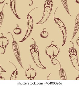 Seamless vector food pattern with hot chilli peppers on beige. Ink drawn vector illustration in vintage style. 