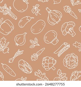 Padrão alimentar vetor sem emenda. Produtos hortícolas: repolho, cenoura, pimenta, pimentão, repolho, brócolis, gengibre, alho, pepino, nabo, ervilhas, tomate, aipo, cebola verde, alface e espinafre