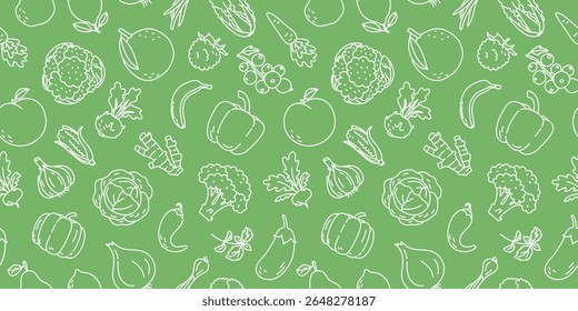 Padrão alimentar vetor sem emenda. Legumes e frutas: repolho, cenoura, groselha, framboesa, laranja, banana, pimenta, pimenta, repolho, brócolis, gengibre, alho, milho, pêssego e abóbora