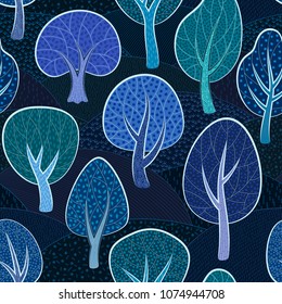 Seamless vector forest landscape with trees and hills, in blue and dark blue hues