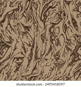 
Seamless vector forest pattern in brown tones. Hand-drawn floral motifs. Old branchy trees, roots, hollows and woody mushrooms.
