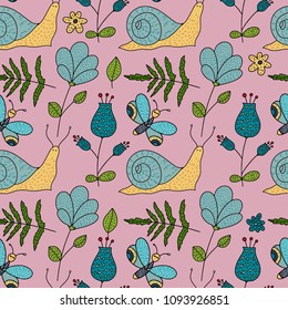 Seamless vector forest pattern with color illustrations.