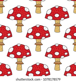 Seamless vector forest pattern with cute color illustrations - handdrawn cute amanita muchrooms.