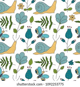 Seamless vector forest pattern with cute color illustrations - cute snails and blue flowers.
