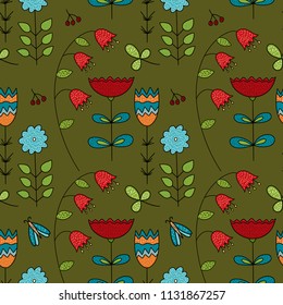 Seamless vector forest pattern with cute color illustrations.