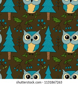 Seamless vector forest pattern with cute color illustrations - owls and fir trees.