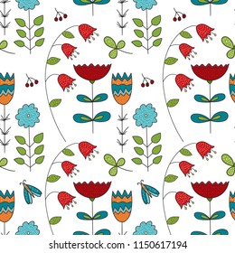 Seamless vector forest pattern with cute color floral illustrations. Flowers and berries.