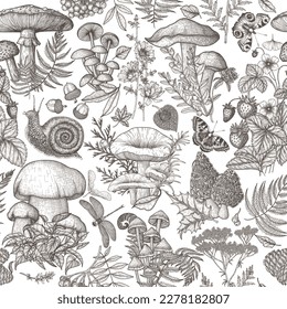 Patrón de bosque vectorial sin foco con hongos, plantas, insectos, bayas. Agaría de mosca, rebozuelos, setas blancas, setas de miel, colmenas, miccena, rúcula, boletus, caracol, fresa, helecho, mariposa