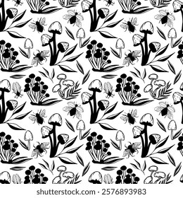 Seamless vector forest pattern with mushrooms, plants, insects, berries. Background mushrooms and insects. Black and white hand drawn image.