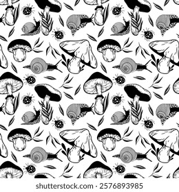 Seamless vector forest pattern with mushrooms, plants, insects, berries. Background mushrooms and insects. Black and white hand drawn image.