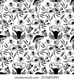 Seamless vector forest pattern with mushrooms, plants, insects, berries. Background mushrooms and insects. Black and white hand drawn image.