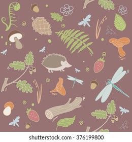 Seamless vector forest pattern with pine cones, mushrooms, leaves and animals. Forest background.