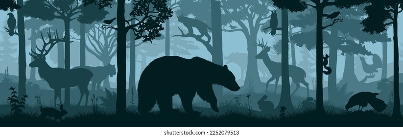 seamless vector forest woodland background withblack bear, deers, owl, eagle, wolf, rabbit, capercaillie, bison, lynx and cougar puma