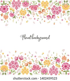 Seamless vector frame. Decorative floral template. Botanical background with multicolor leaves and flowers for advertising banner, design. Spring summer field of flowers wallpaper.