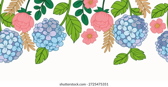 Nahtloser Vektorrahmen. Illustration mit blauen Hortensien und rosa Rosen.