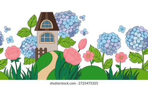 Marco de Vector inconsútil. Ilustración con una linda casa y flores. Prado con hortensias y rosas.
