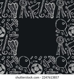 Seamless vector frame with sports icons. Doodle vector with sport icons on black background. Vintage sport pattern