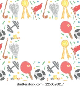 Seamless vector frame with sports icons. Doodle vector with sport icons on white background. Vintage sport pattern