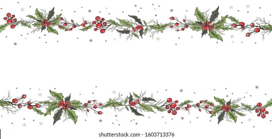 seamless vector frame of winter Holly flowers, Rowan branches. hand-drawn sketch, Doodle, drawing in a realistic style. for decoration, design, Wallpaper, presentation, paper