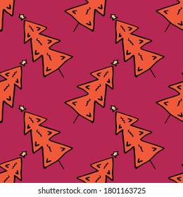 Seamless vector of free hands christmas tree on pastel pink background for making many kinds of online and offline media, paper printing or fabric work
